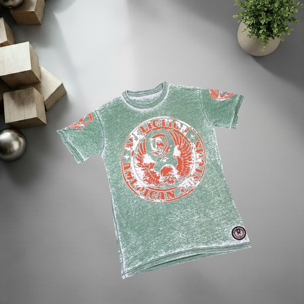 Affliction American Customs T Shirt Green Burnout Graphic Y2K MMA Biker Mens